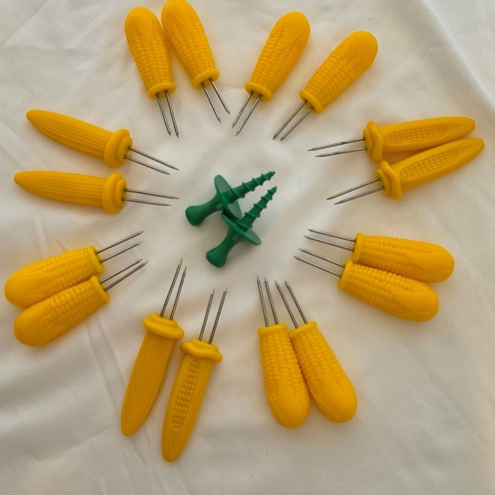 Vintage Corn on the Cob Holders Set 18 Piece Yellow Skewers and Green Screw-In